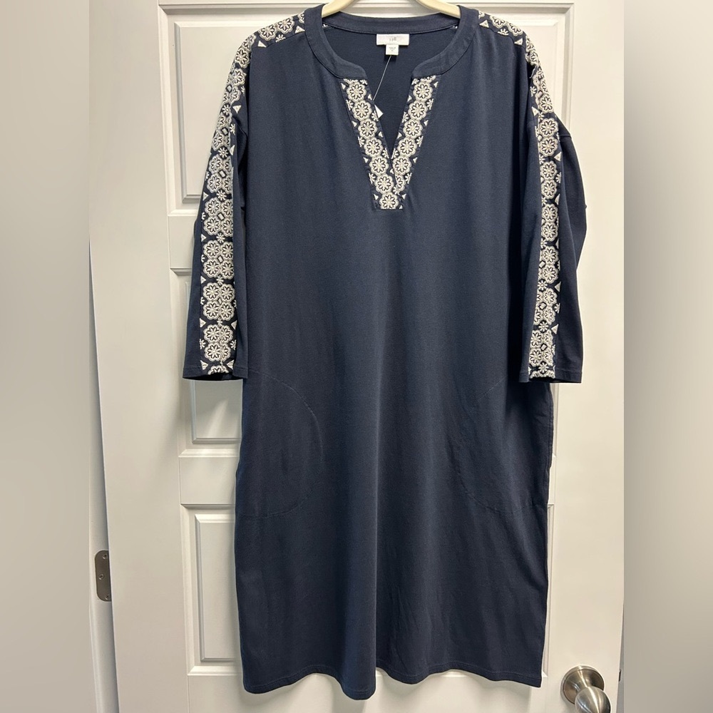 J Jill Navy Blue Embroidered Cotton Midi Shift Dress Size Medium NWT